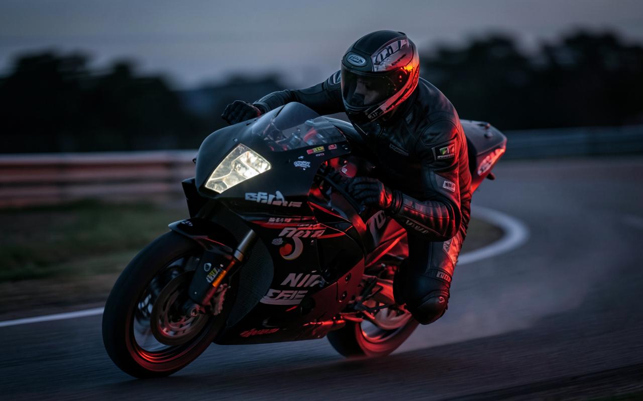 Moko Racing Motorrad in der Kurve bei Dämmerung