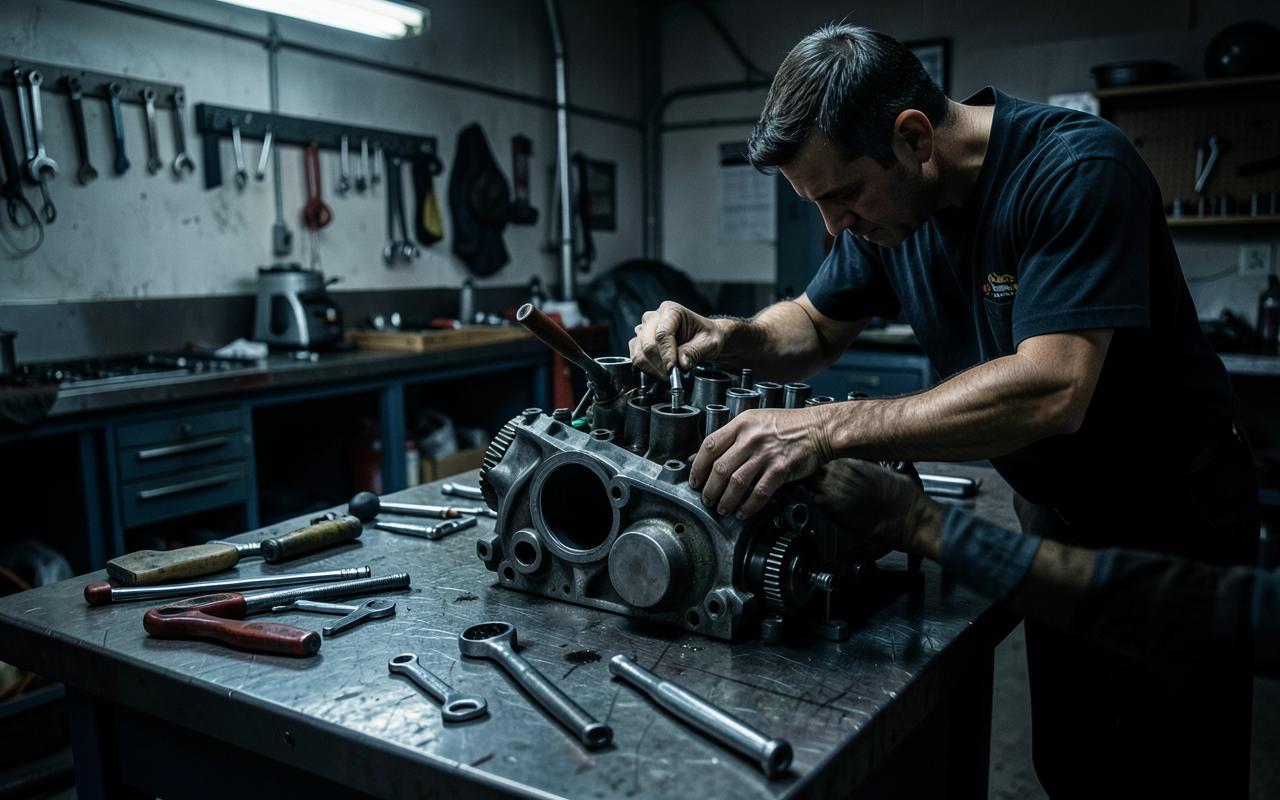 Mechaniker arbeitet an einem Motorblock in der MOKO Werkstatt